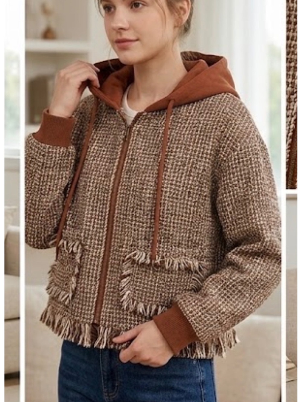 Brown and Cream Tweed Hooded Zip-Up Jacket with Fringe